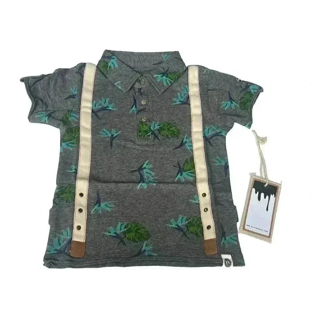 NWT Mini Shatsu Aloha Suspenders Polo Tropical/Birds Grey Toddler Boy 2T